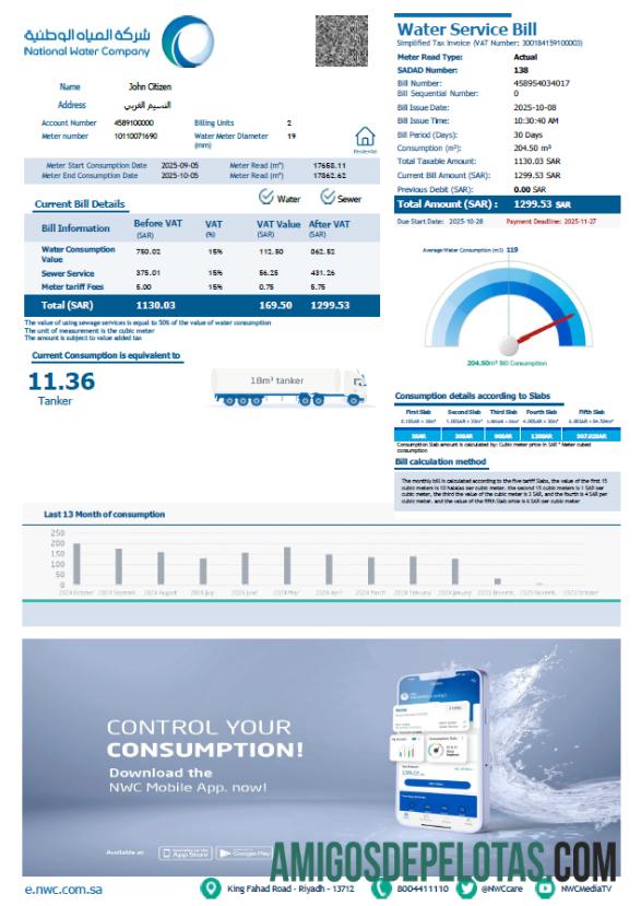 Em branco modelo de conta de serviços públicos da Companhia Nacional de Água da Arábia Saudita em formatos Word e PDF